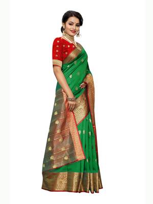 Green Woven Poly Silk Saree With Blouse 3
