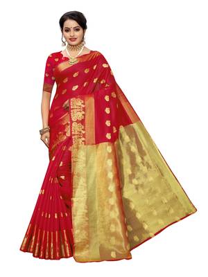 Red Woven Cotton Poly Saree With Blouse 1
