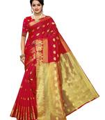 Red Woven Cotton Poly Saree With Blouse