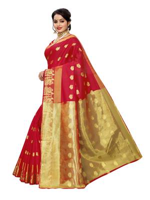 Red Woven Cotton Poly Saree With Blouse 2