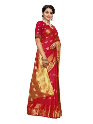 Red Woven Cotton Poly Saree With Blouse 3