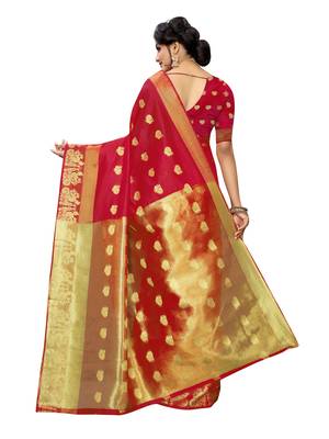 Red Woven Cotton Poly Saree With Blouse 4