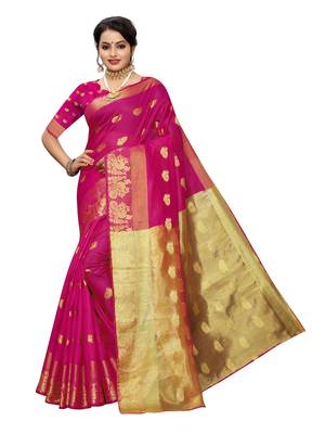 Pink Woven Cotton Poly Saree With Blouse 1