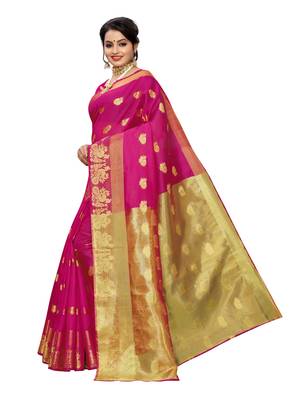Pink Woven Cotton Poly Saree With Blouse 2