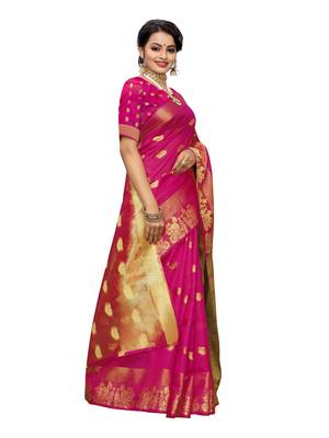 Pink Woven Cotton Poly Saree With Blouse 3
