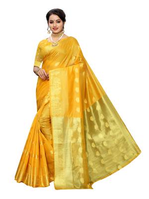 Yellow Woven Cotton Poly Saree With Blouse 1