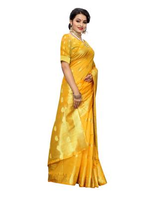 Yellow Woven Cotton Poly Saree With Blouse 3