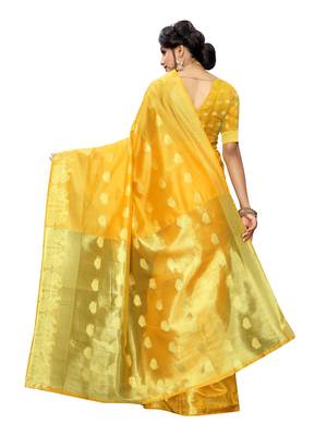 Yellow Woven Cotton Poly Saree With Blouse 4