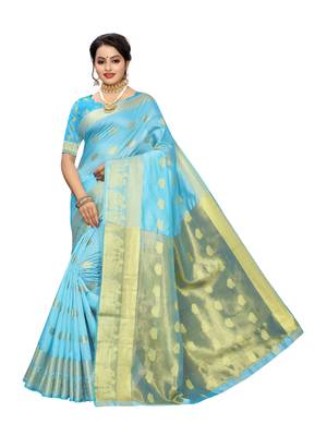 Blue woven cotton poly saree with blouse 1