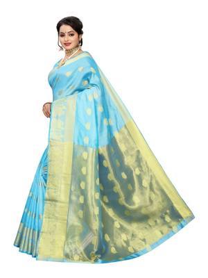 Blue woven cotton poly saree with blouse 2