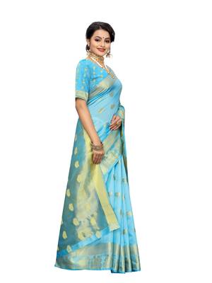 Blue woven cotton poly saree with blouse 3