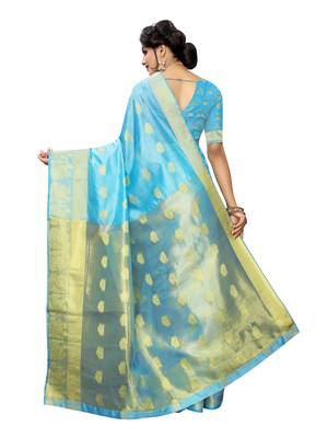 Blue woven cotton poly saree with blouse 4