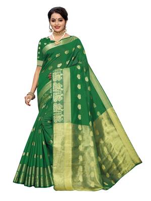 Green woven cotton poly saree with blouse 1