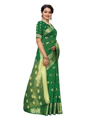 Green woven cotton poly saree with blouse 3