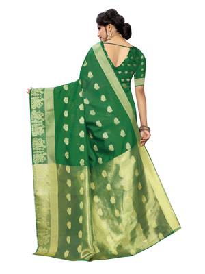 Green woven cotton poly saree with blouse 4