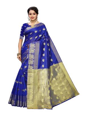 Royal blue woven cotton poly saree with blouse 1