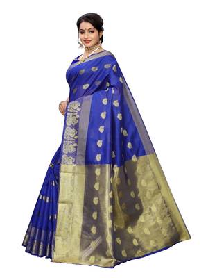 Royal blue woven cotton poly saree with blouse 2