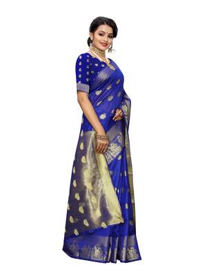 Royal blue woven cotton poly saree with blouse 3