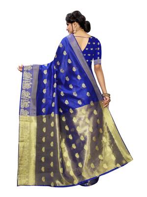 Royal blue woven cotton poly saree with blouse 4