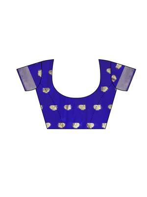 Royal blue woven cotton poly saree with blouse 5