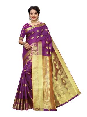 Purple woven cotton poly saree with blouse 1