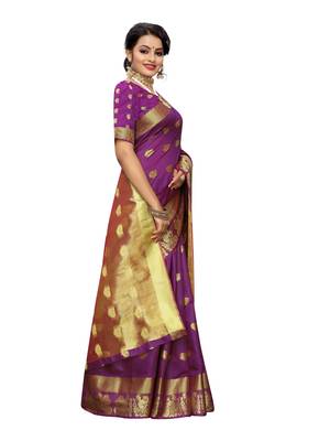 Purple woven cotton poly saree with blouse 3