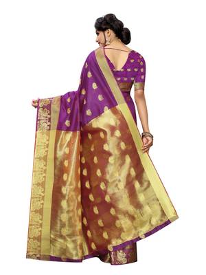 Purple woven cotton poly saree with blouse 4