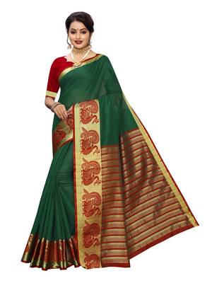 Dark green woven cotton poly saree with blouse 1