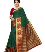 Dark green woven cotton poly saree with blouse