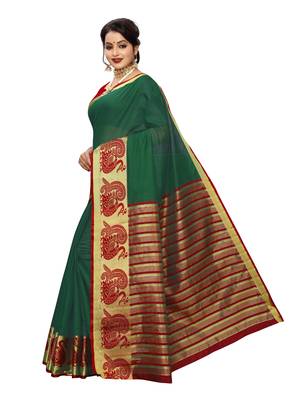 Dark green woven cotton poly saree with blouse 2