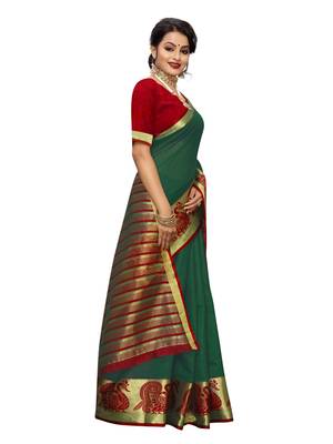 Dark green woven cotton poly saree with blouse 3
