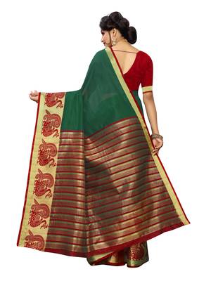 Dark green woven cotton poly saree with blouse 4
