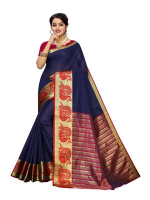 Navy blue woven cotton poly saree with blouse 1