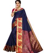 Navy blue woven cotton poly saree with blouse
