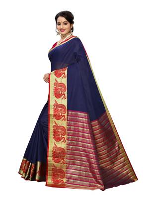 Navy blue woven cotton poly saree with blouse 2