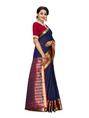 Navy blue woven cotton poly saree with blouse 3