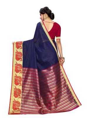 Navy blue woven cotton poly saree with blouse 4