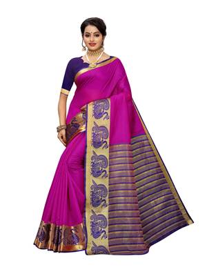 Rani pink woven cotton poly saree with blouse 1