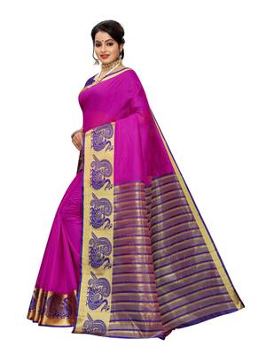 Rani pink woven cotton poly saree with blouse 2