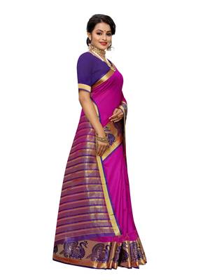 Rani pink woven cotton poly saree with blouse 3