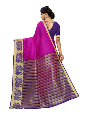 Rani pink woven cotton poly saree with blouse 4