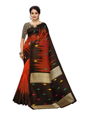 Rust Printed Poly Silk Saree With Blouse 1