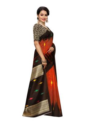 Rust Printed Poly Silk Saree With Blouse 3