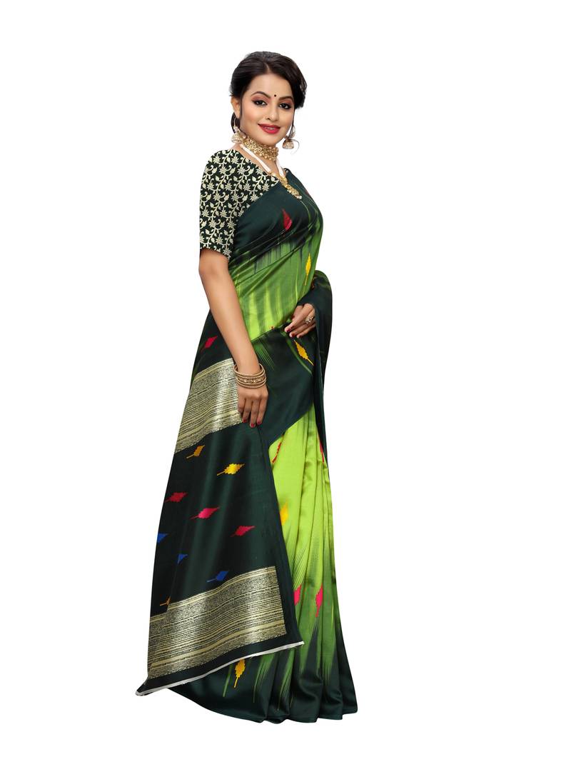 Green Printed Poly Silk Saree With Blouse