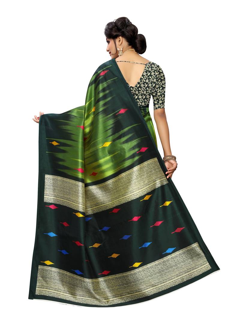 Green Printed Poly Silk Saree With Blouse