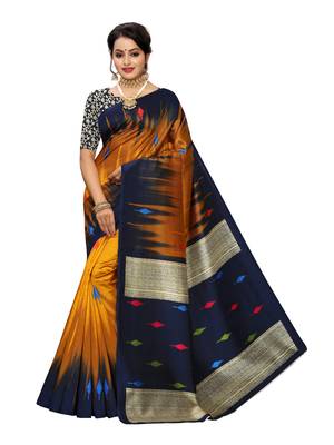 Mustard printed poly silk saree with blouse 1
