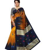 Mustard printed poly silk saree with blouse