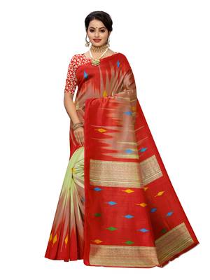 Beige Printed Poly Silk Saree With Blouse 1