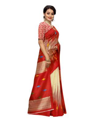 Beige Printed Poly Silk Saree With Blouse 3