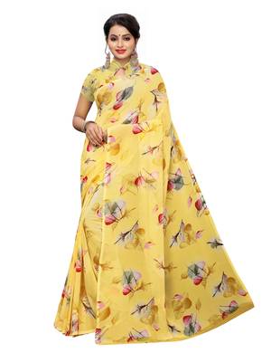 Yellow printed georgette saree with blouse 1